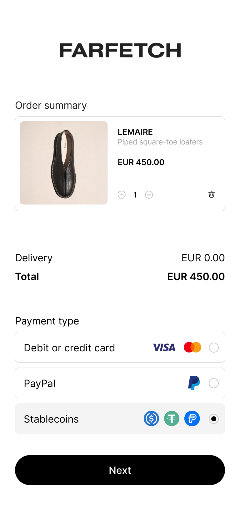 Checkout screen showing order summary for a Louis Vuitton Neverfull MM handbag priced at $2,130 with quantity selector and payment options bank transfer, credit/debit card, and stablecoins selected.