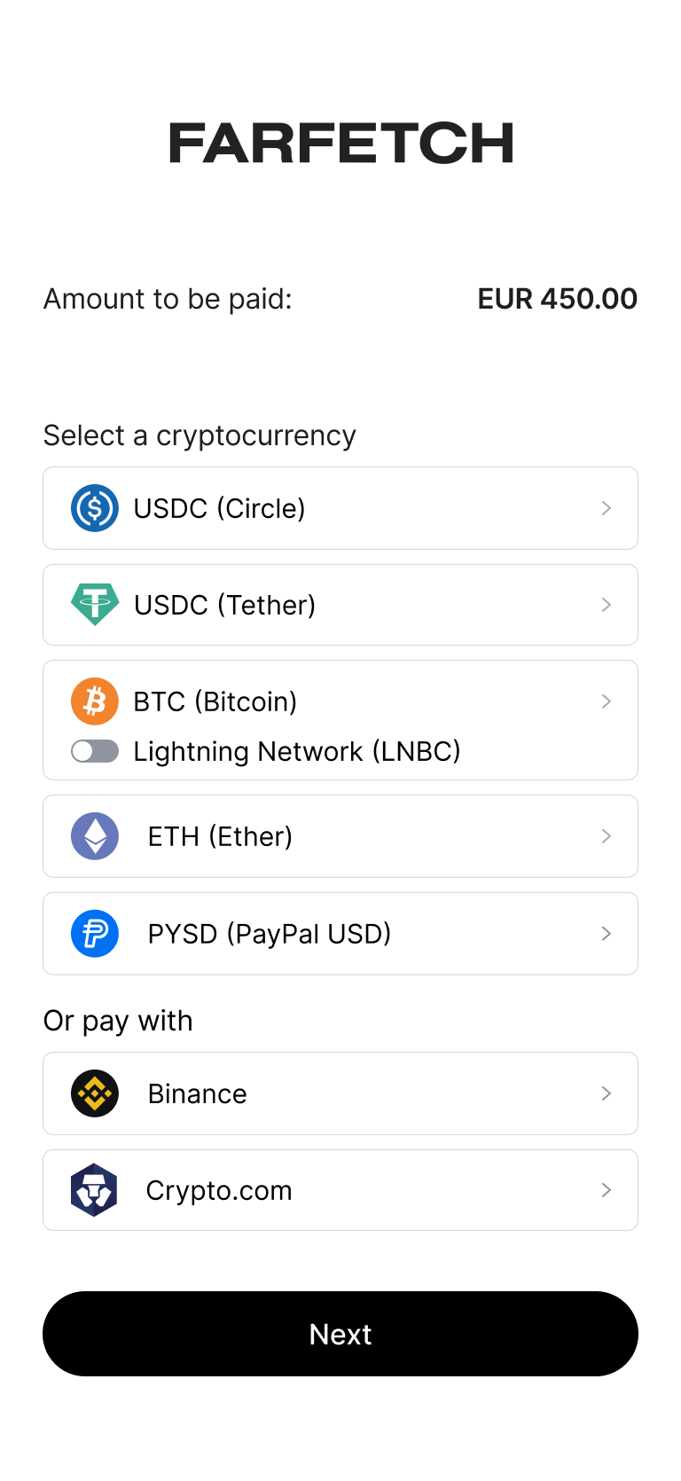 Checkout screen showing amount to be paid as $2,450 USD with options to select cryptocurrency including Bitcoin, USD Coin, Ethereum, Tether, Paypal USD or pay with Binance Pay, Crypto.com, or Coinbase, and a Continue button at the bottom.