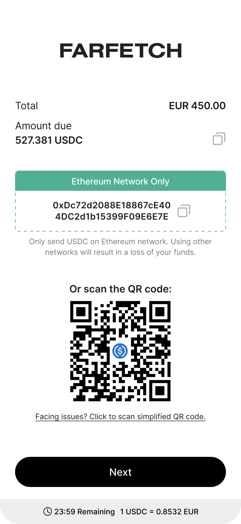Checkout screen showing total and amount due of $2,450.00 USDT with Ethereum network payment address and QR code, plus an Open in wallet button.