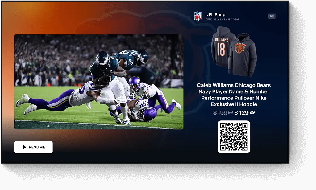 A StreamLayer data-enhanced pause ad showing a side bar shoppable ad unit for Chicago Bears merchandise with a QR code