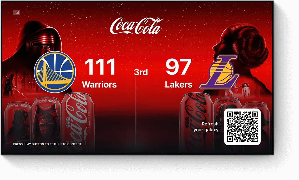 A live data pause ad unit for Coca Cola showing the game score / game state for a Warriors-Lakers game with a QR code
