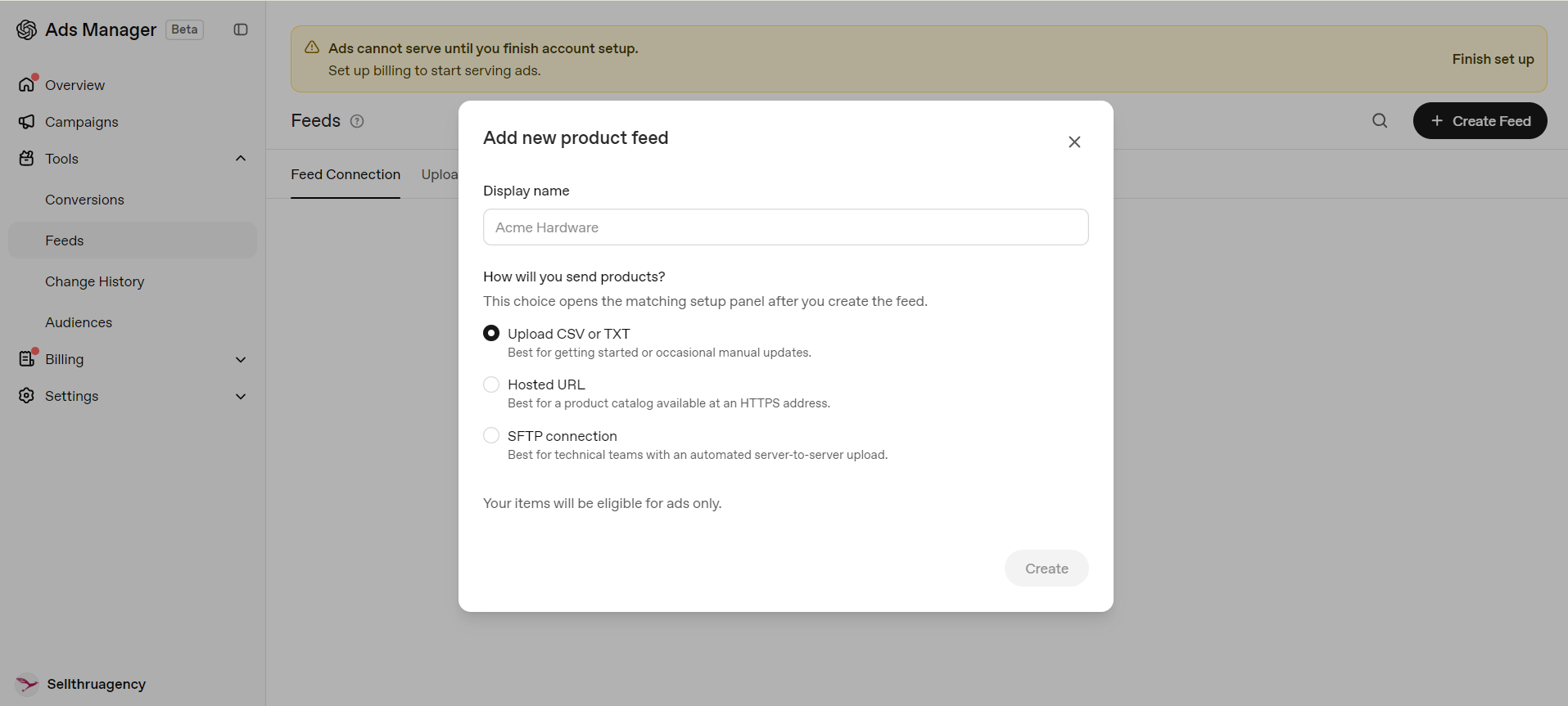 ChatGPT Ads conversion events list including app installed, lead created and order created