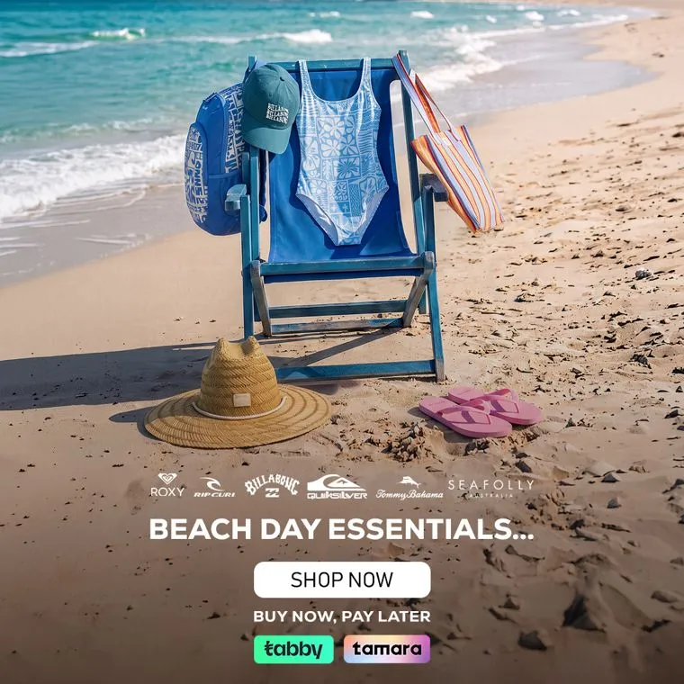 Multi-brand beach essentials ad featuring Roxy, Rip Curl, Billabong and Quiksilver