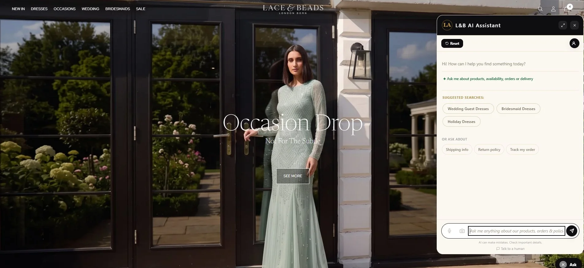 The Lace & Beads Shopify store with the Anaqa assistant open, showing suggested searches for wedding guest, bridesmaid and holiday dresses, and quick links for shipping, returns and order tracking