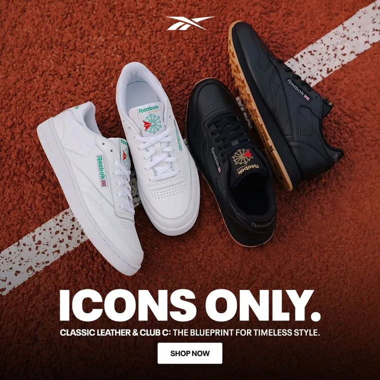 Reebok Classic Leather and Club C 'Icons Only' ad on a running track