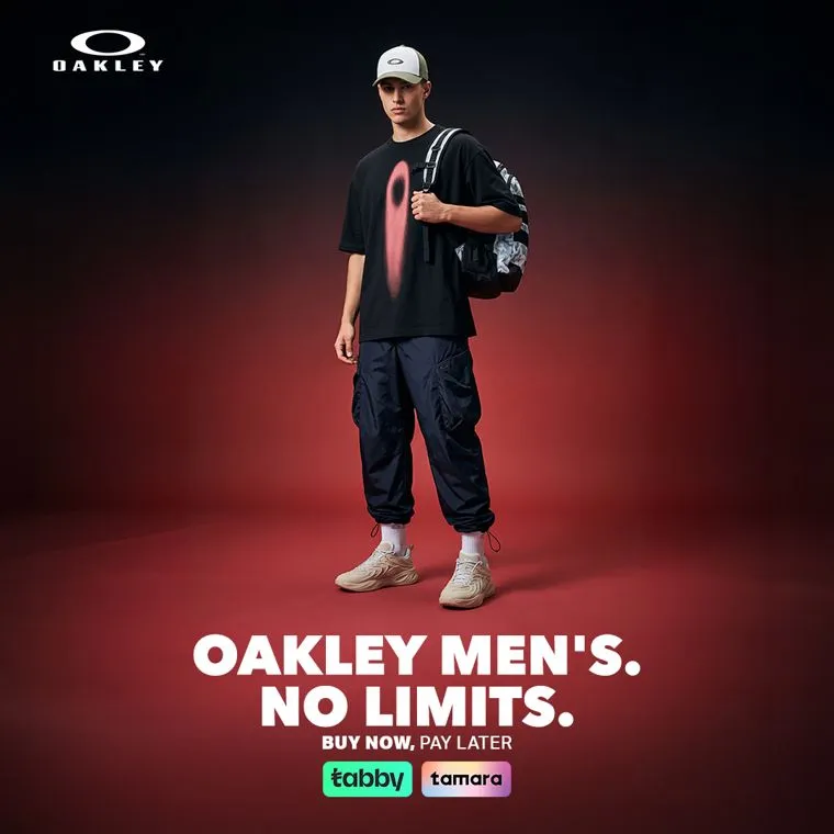 Oakley men's campaign ad with Tabby and Tamara buy now pay later messaging
