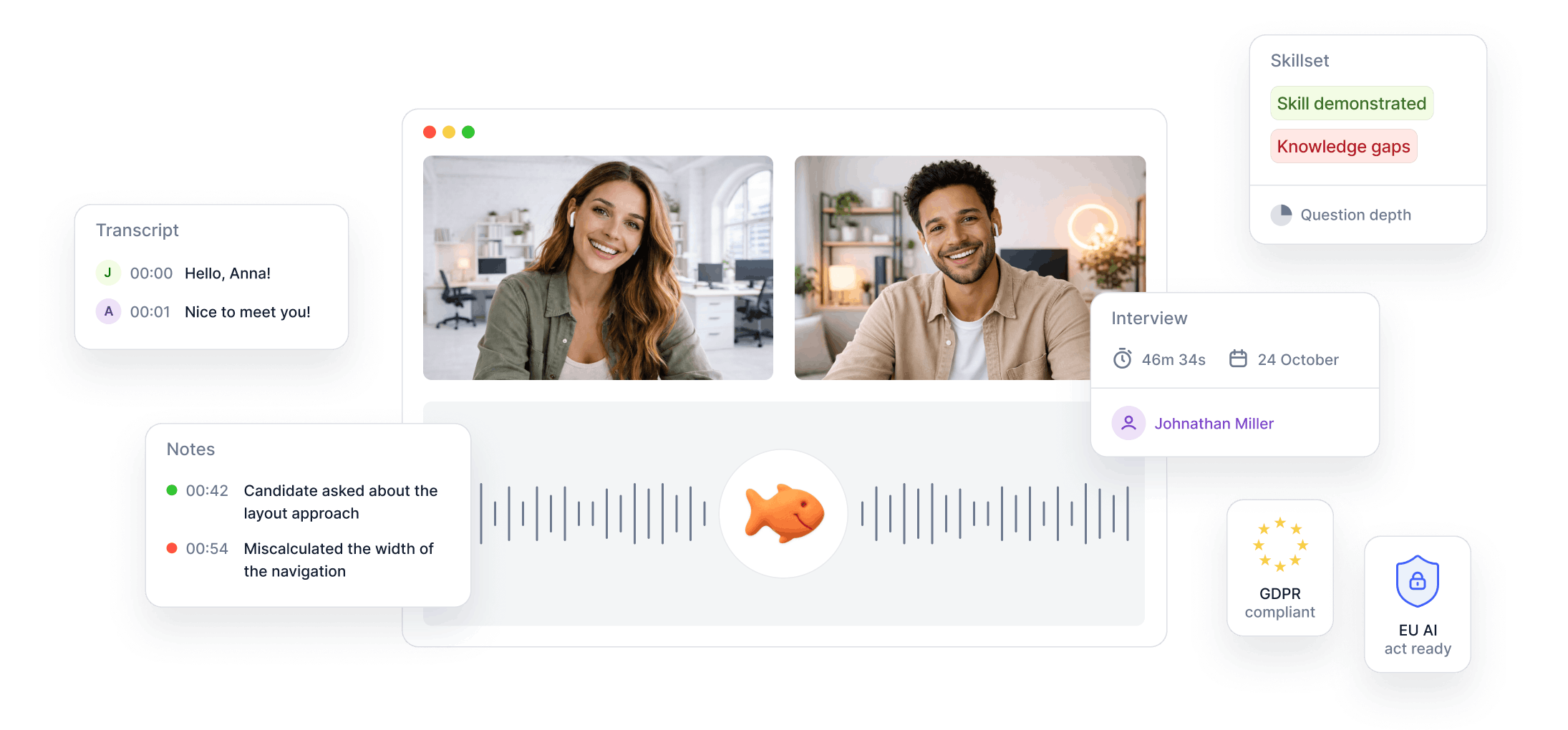 AI-powered video interview showing interviewer and candidate, transcript highlights, skill assessment, notes, and GDPR compliance indicators