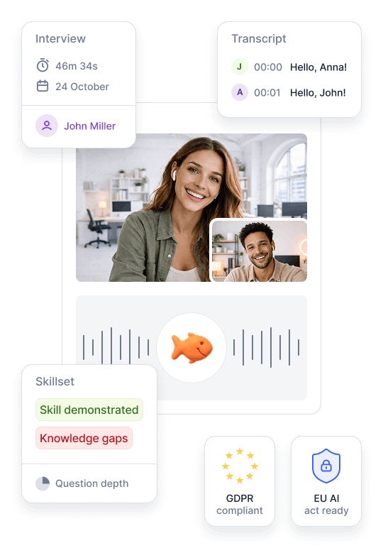 AI-powered video interview showing interviewer and candidate, transcript highlights, skill assessment, notes, and GDPR compliance indicators