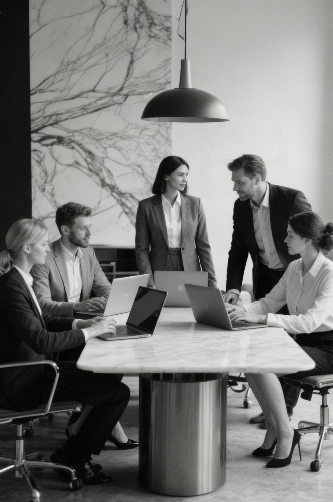 Group of people around a desk with laptops