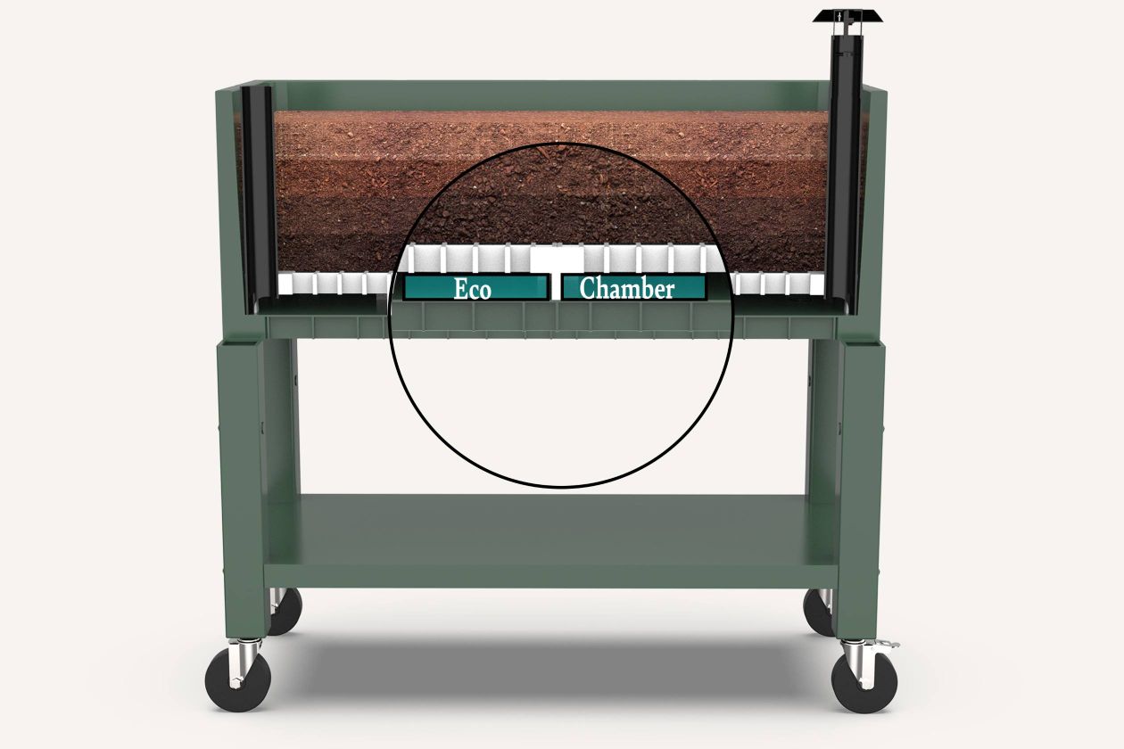 Cross-sectional view of a green Garden Bed showing soil layers inside, a ventilated base for aeration, and a tube vent on the right side, all mounted on four caster wheels.