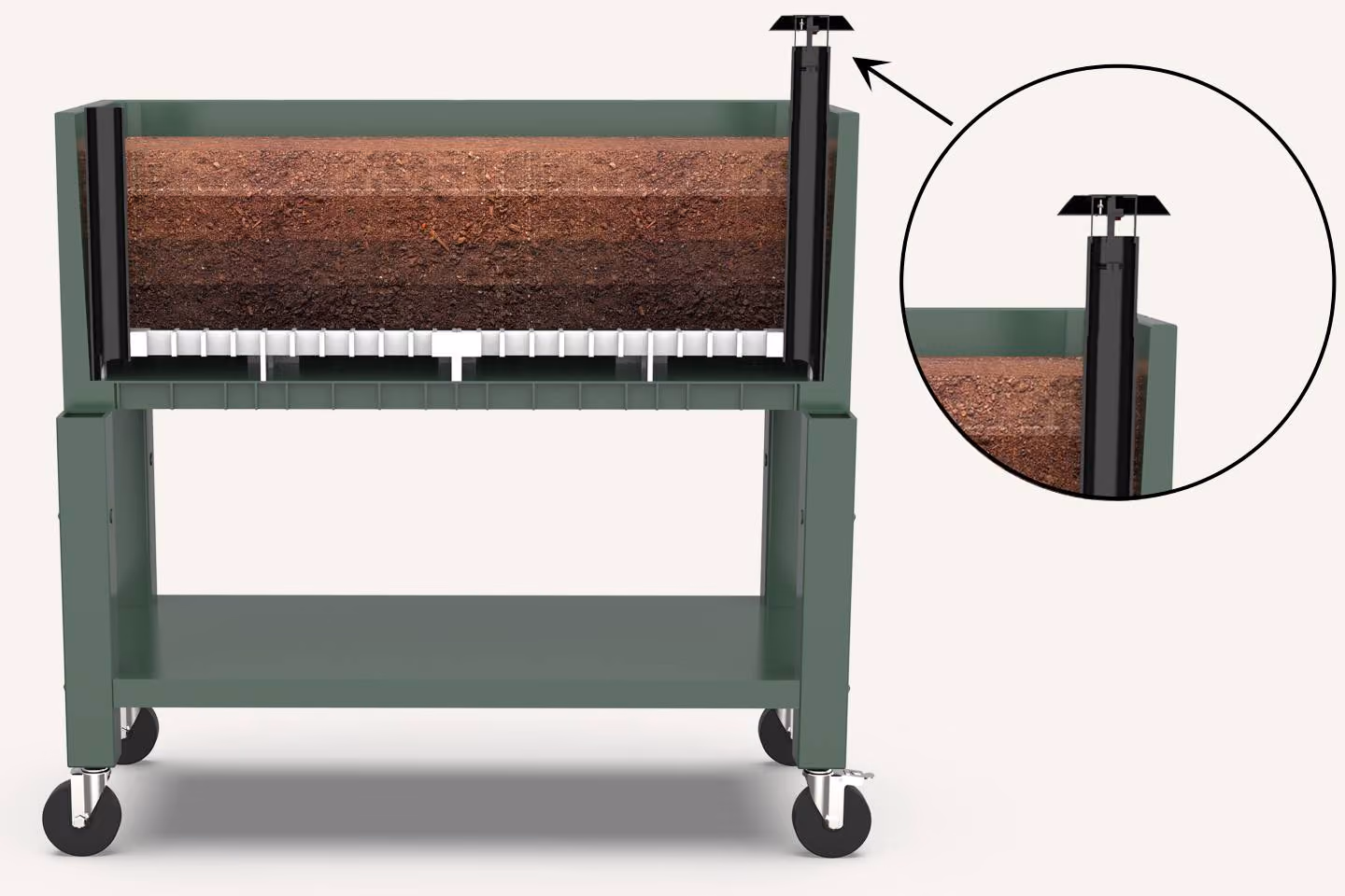 Cross-sectional diagram of a green raised garden bed on wheels showing layered soil inside and a ventilation system with an enlarged inset of the fan on a vertical pipe at one corner.