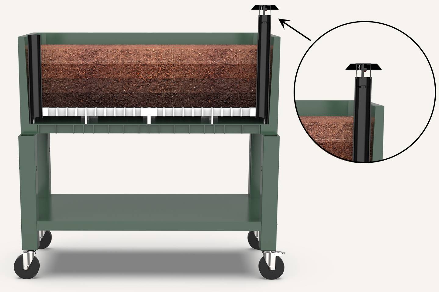 Cross-sectional diagram of a green raised garden bed on wheels showing layered soil inside and a ventilation system with an enlarged inset of the fan on a vertical pipe at one corner.
