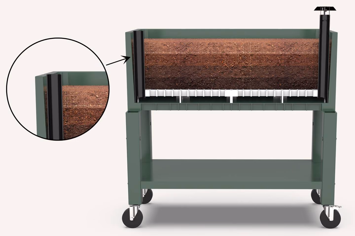Cross-sectional view of a green rolling planter filled with layered soil, showing a built-in white soil platform at the base and a vertical black ventilation tube on the side, with a magnified inset highlighting the vertical tube detail.