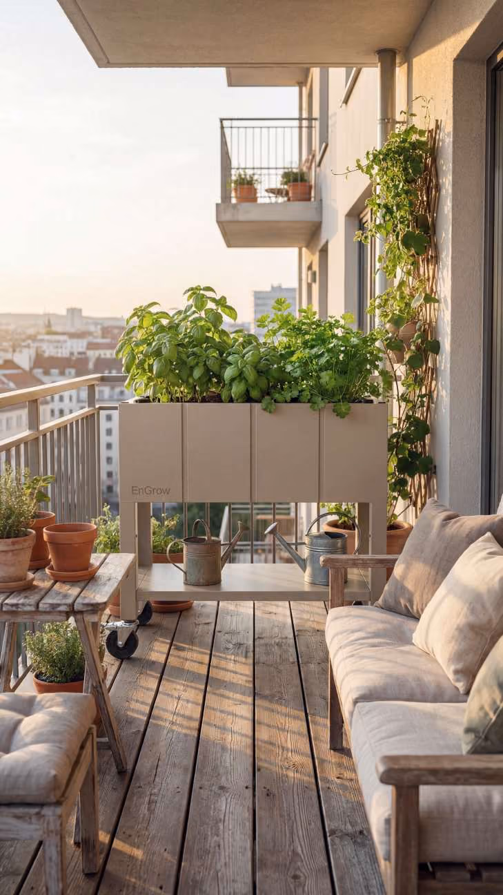 Sunlit outdoor terrace with wooden floorboards featuring a beige couch with cushions, a small wooden table with potted plants, and a raised beige planter box filled with lush green herbs, overlooking city buildings in the background during golden hour.