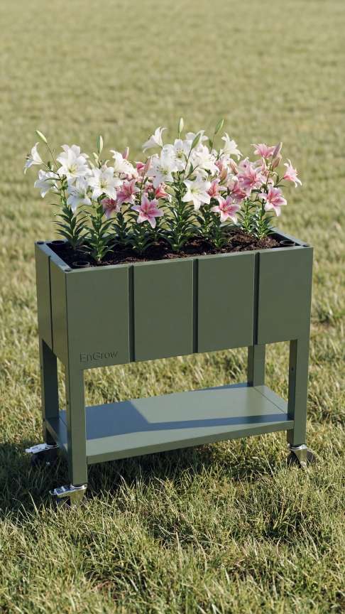 The Garden Bed in green color on wheels with shelf, filled with blooming white and pink lilies, standing on grassy field.