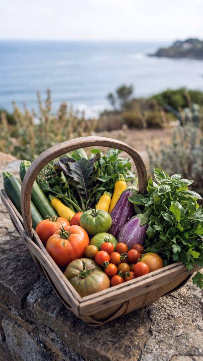 Wooden basket on a stone surface filled with fresh vegetables including cucumbers, yellow squash, heirloom tomatoes in red and green, cherry tomatoes, purple eggplants, leafy greens, and fresh basil with a blurred ocean and coastline in the background.