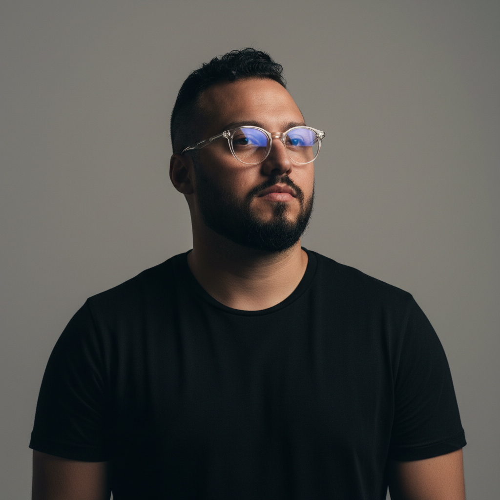 My profile picture. Brown man with eye glasses and black t-shirt.