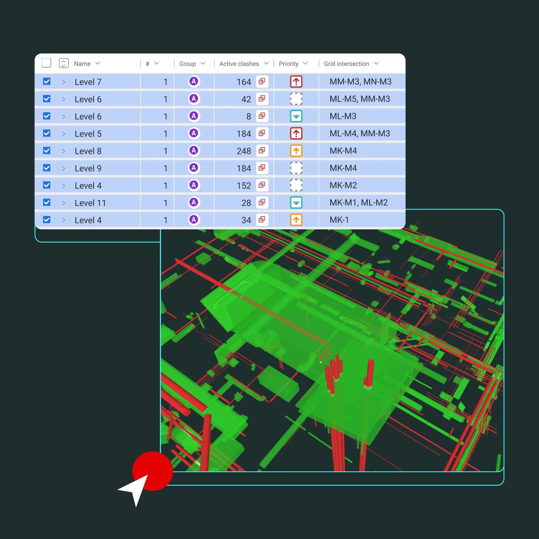 Software interface showing a list and 3D model of active clashes by building level.