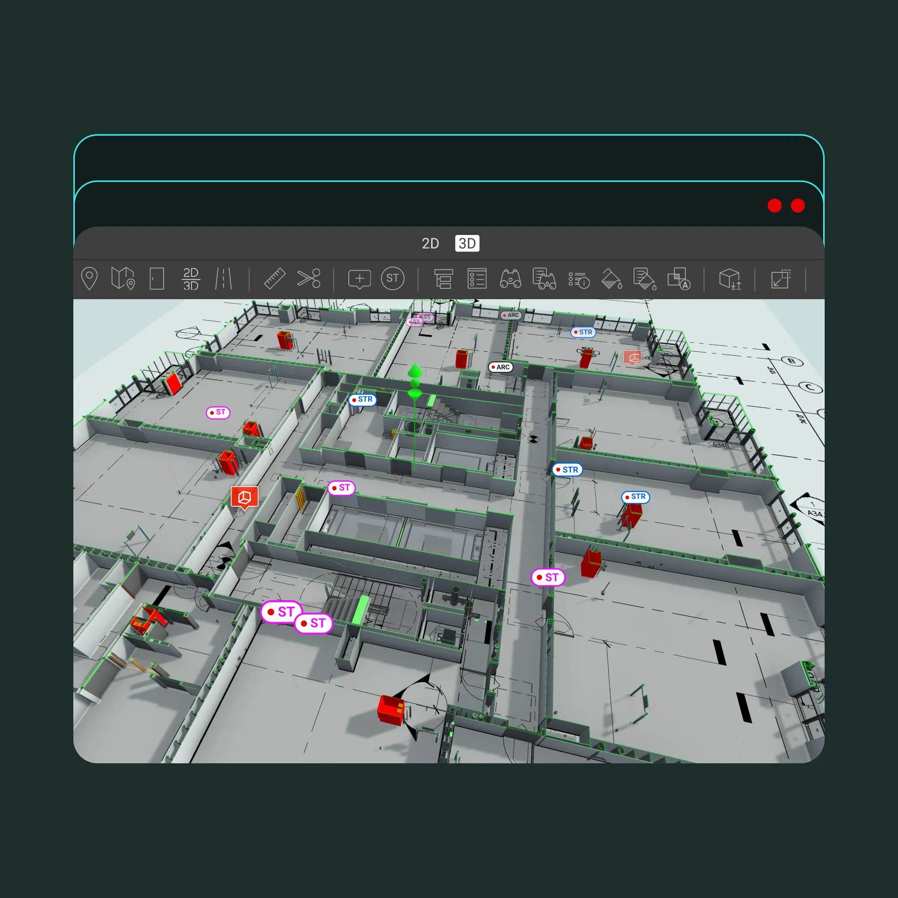 3D model floor plan overlaid on 2D architectural drawings displayed in a design software interface.