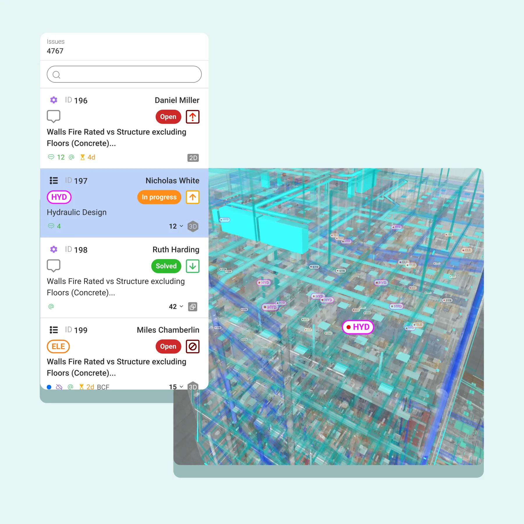 Issue management interface showing issues list with status tags and a 3D transparent building model