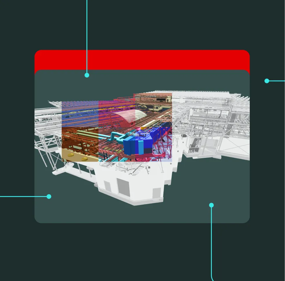 Visualize 3D building models with detailed colored section overlay highlighting internal structural and mechanical systems.