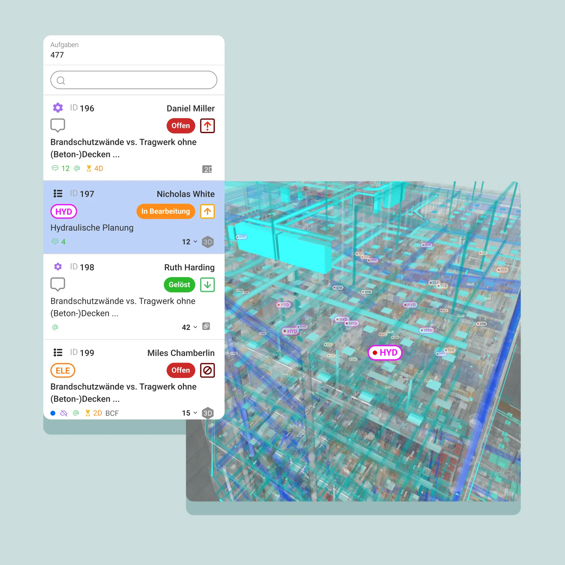 Benutzeroberfläche zur Problemverwaltung mit Problemliste, Statuskennzeichnungen und einem transparenten 3D-Gebäudemodell