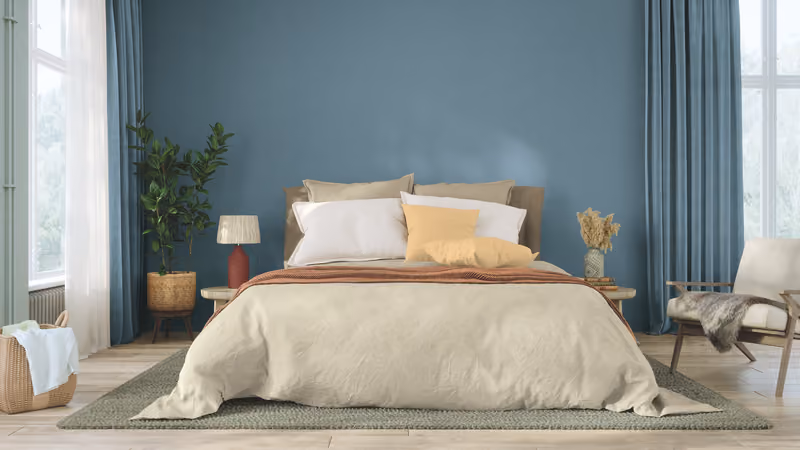 Bedroom with an Artifact accent wall, creating a calm and relaxing retreat with soft, natural tones.