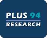 the plus 94 research logo on blue background