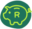 a green icon of a piggy bank with a r rand symbol on it