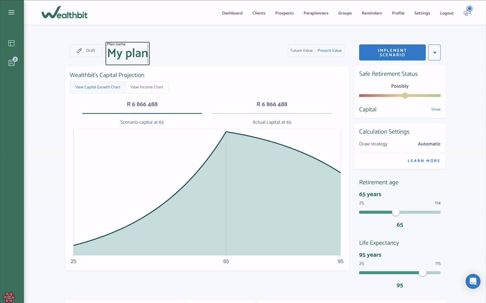 A scenario editing screen where the plan name “My plan” is being typed. The page includes capital projections for scenario and actual values at age 65, plus sliders for retirement age and life expectancy.