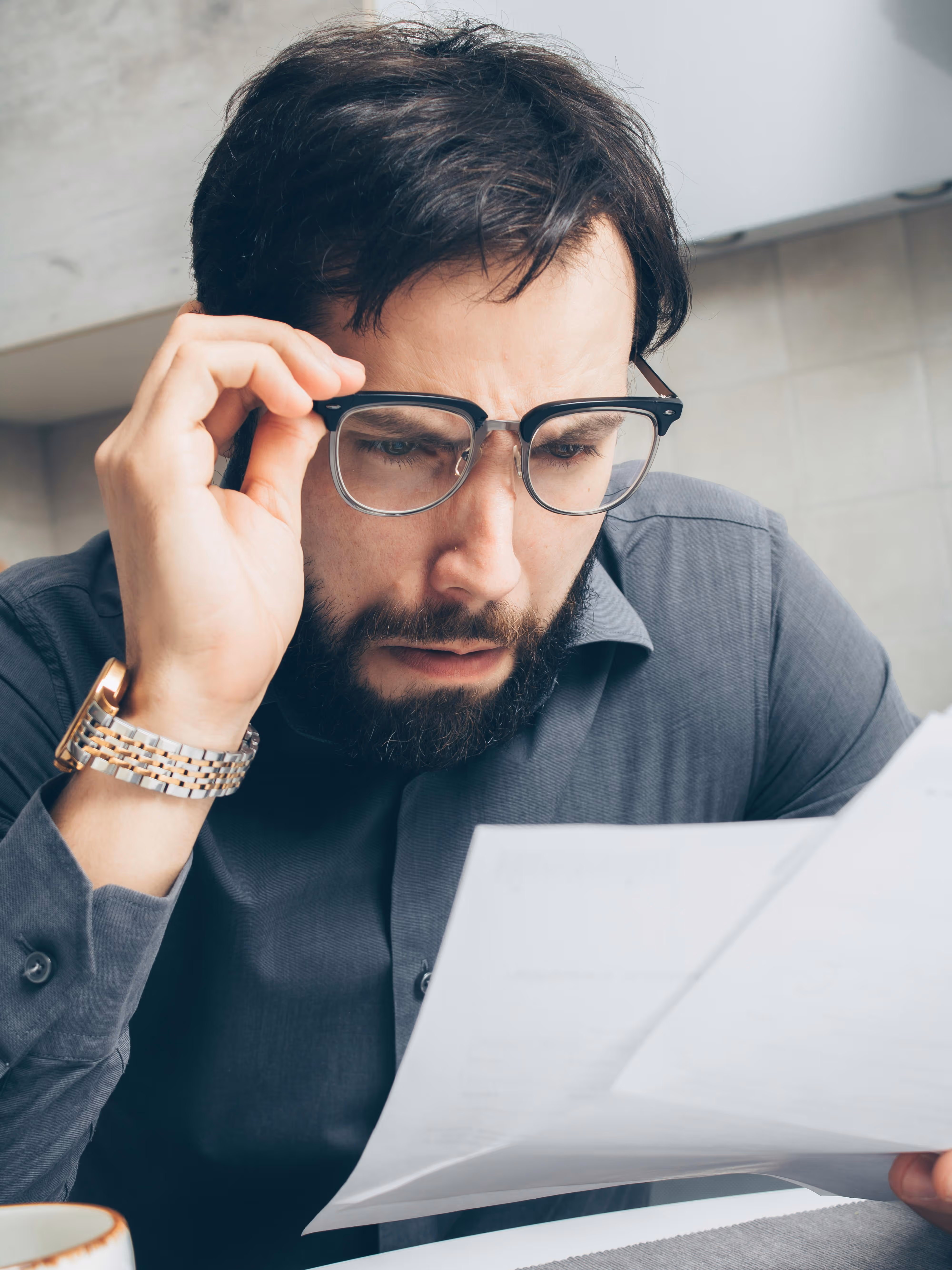 Man squinting at a document while holding his eyeglasses