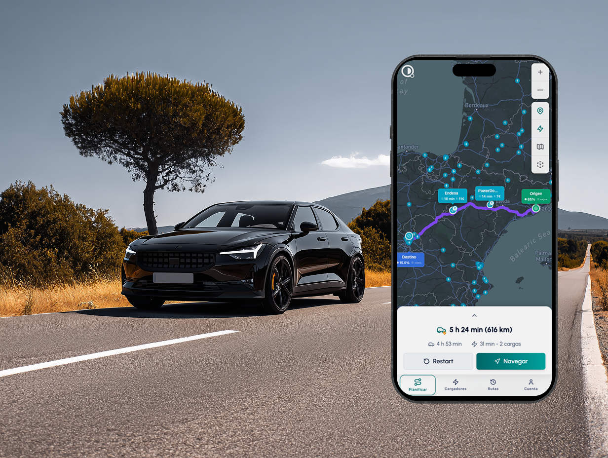 Planificador de rutas para coche eléctrico en el móvil mostrando cargadores en la ruta y coche eléctrico en carretera.
