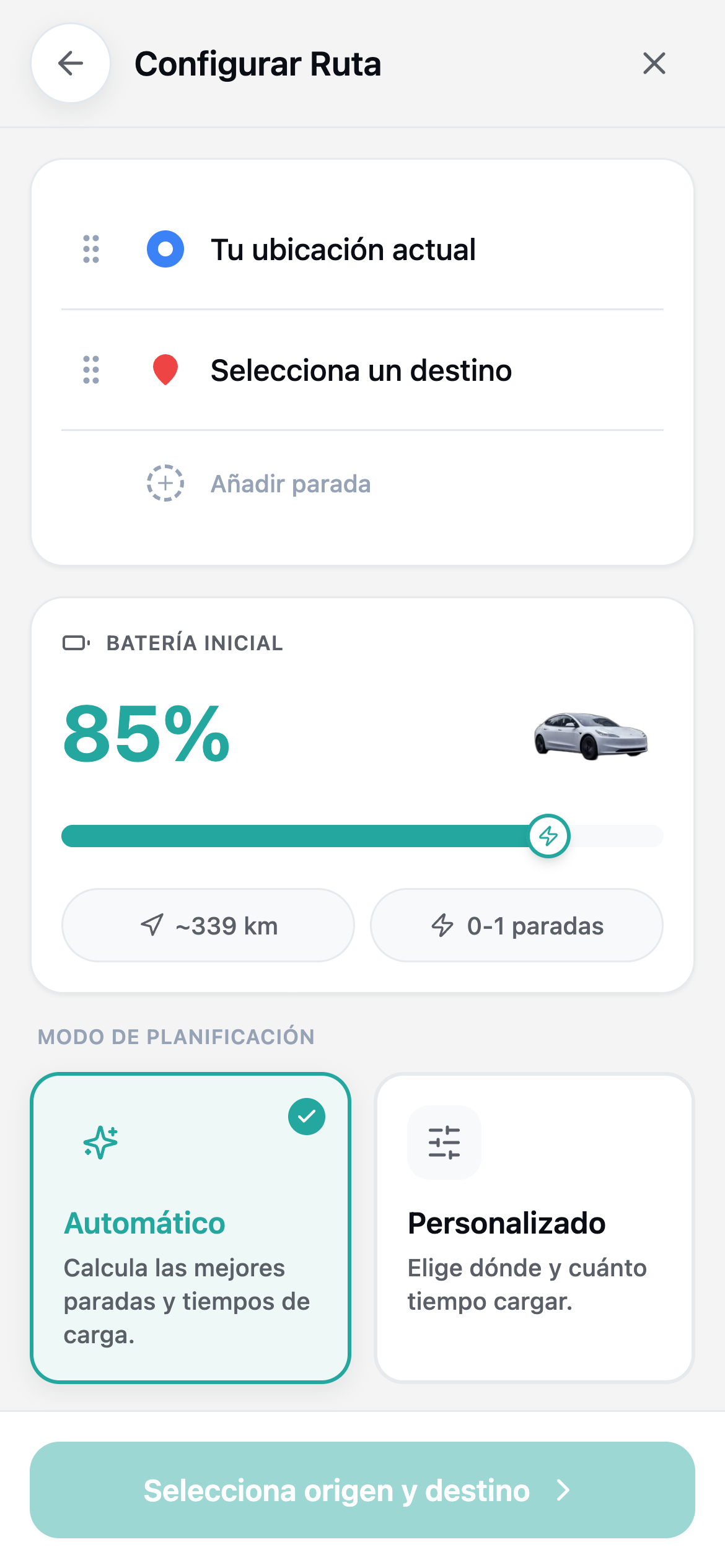 Configuración de ruta en QuantumDrive con origen, destino y nivel de batería