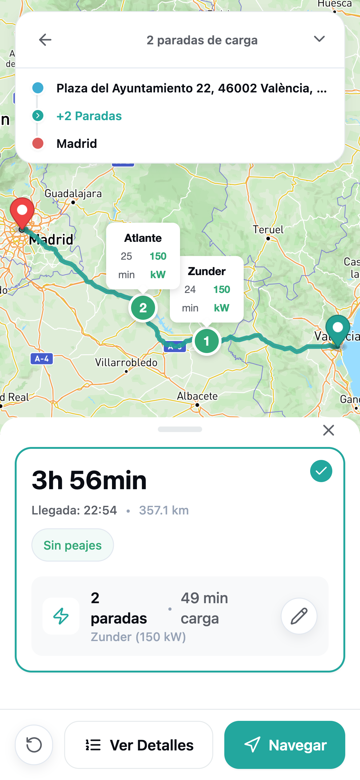 Ruta planificada Valencia a Madrid con paradas de recarga optimizadas