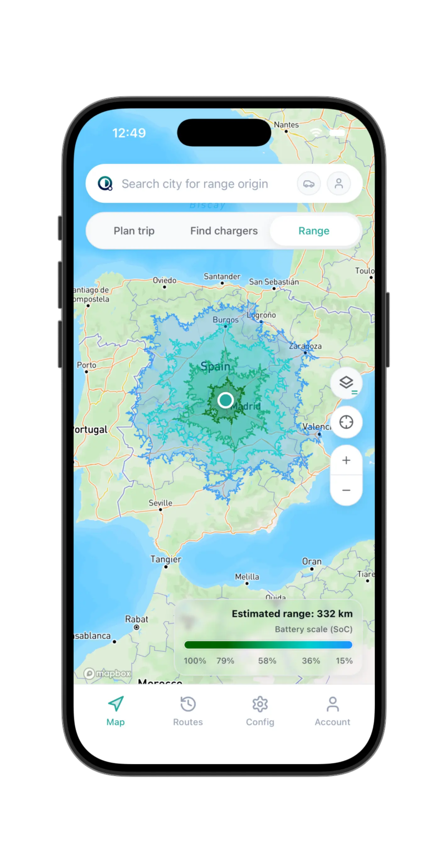 Pantalla de la app QuantumDrive mostrando el mapa de autonomía predictiva con isócronas de batería desde Madrid