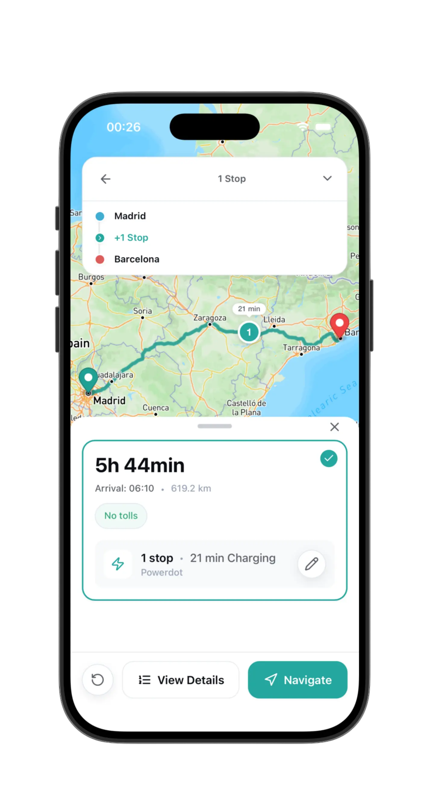 iPhone mostrando planificador de ruta con parada de recarga