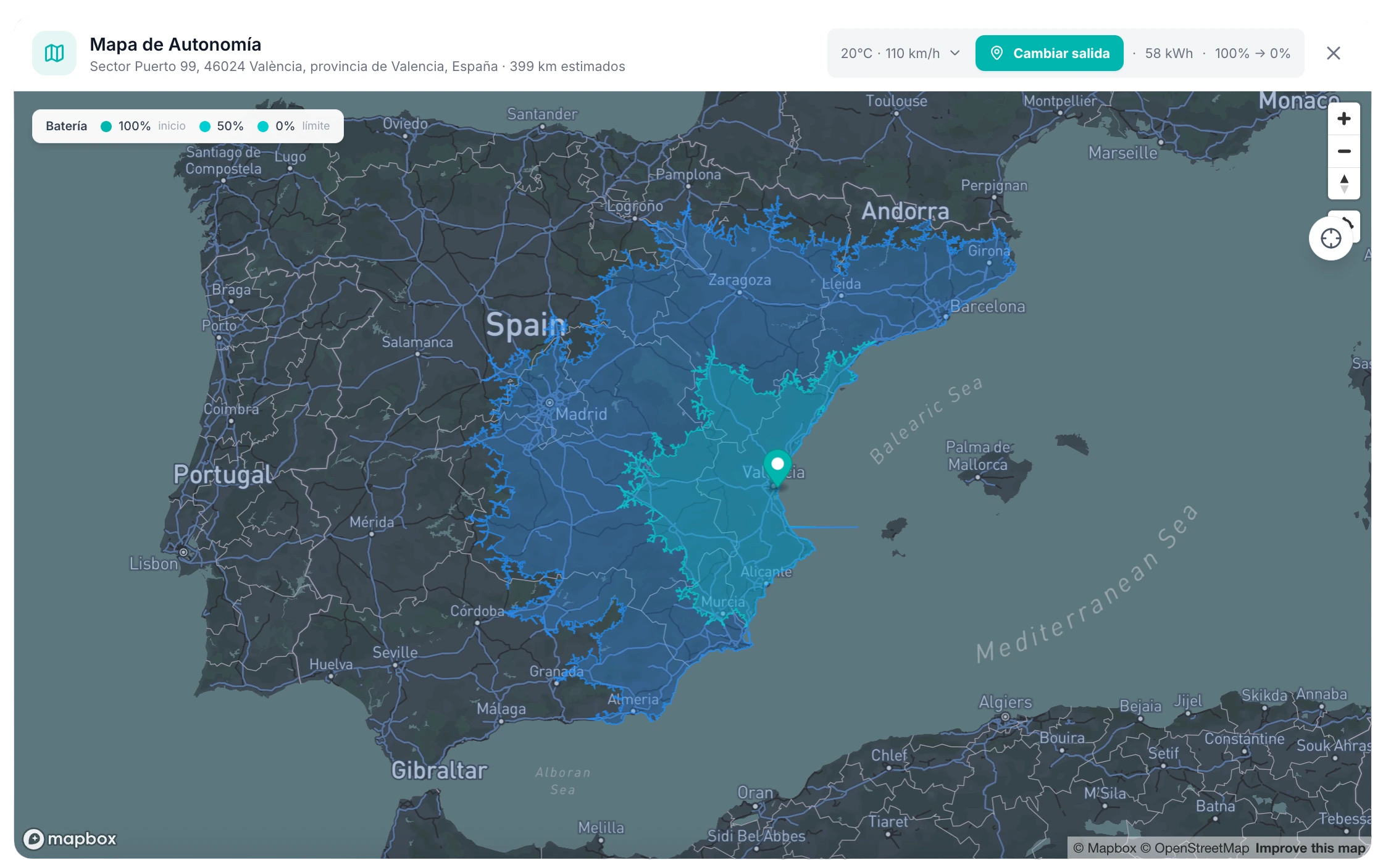 Widget de mapa de autonomía real sobre España