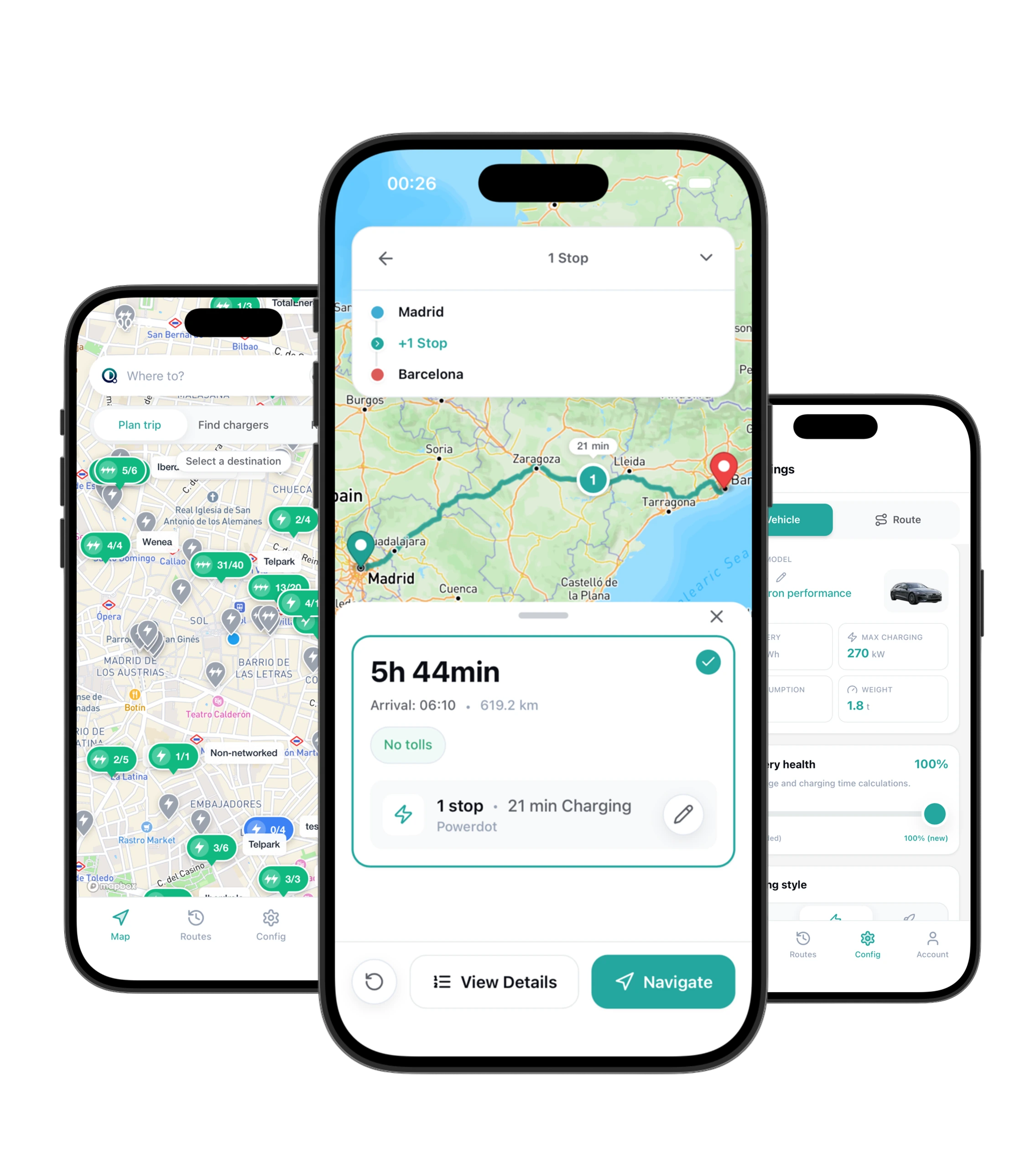 Composición de pantallas de la app QuantumDrive para ruta, recarga y estado del vehículo