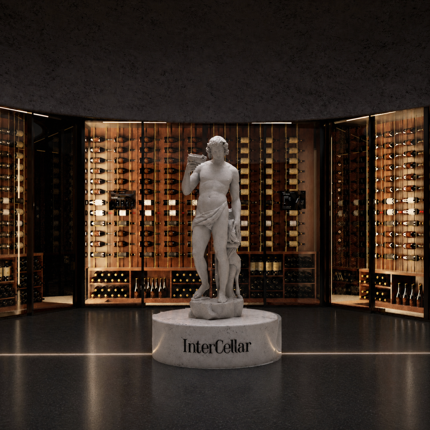 Statue on an InterCellar plinth in the centre of an illuminated wine cellar.
