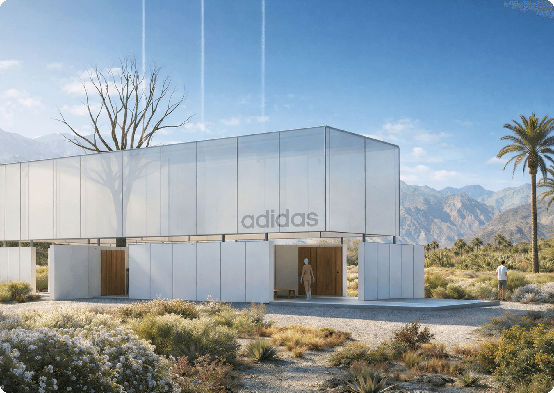Concepto arquitectónico Coatchella para un pabellón translúcido de Adidas en un paisaje desértico.