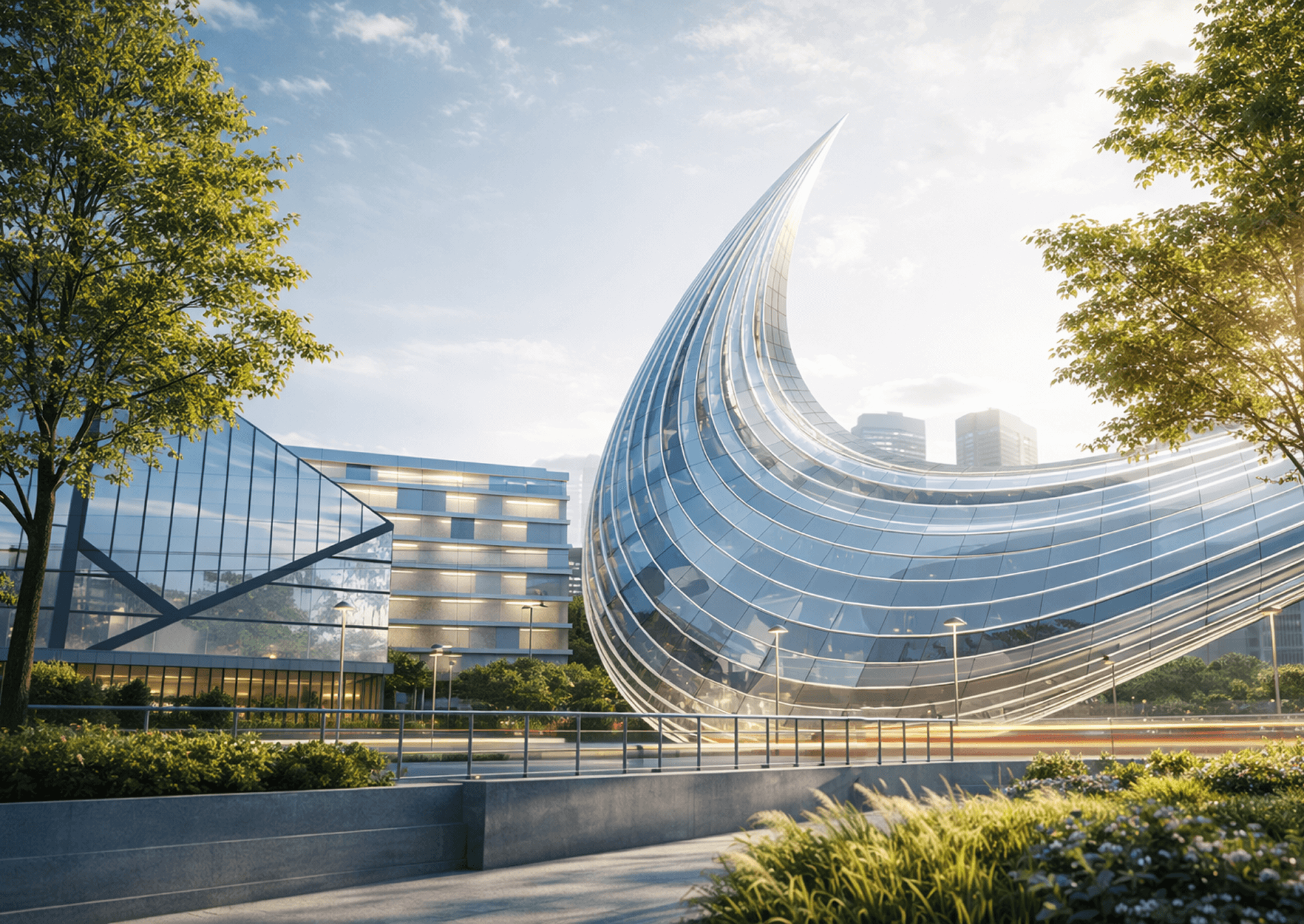 Concepto arquitectónico Swoosh con una estructura de vidrio curvada.