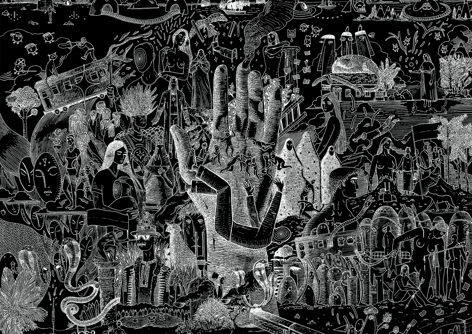 Ilustración monocroma de Nephel con una mano central rodeada de dibujos de líneas densas.