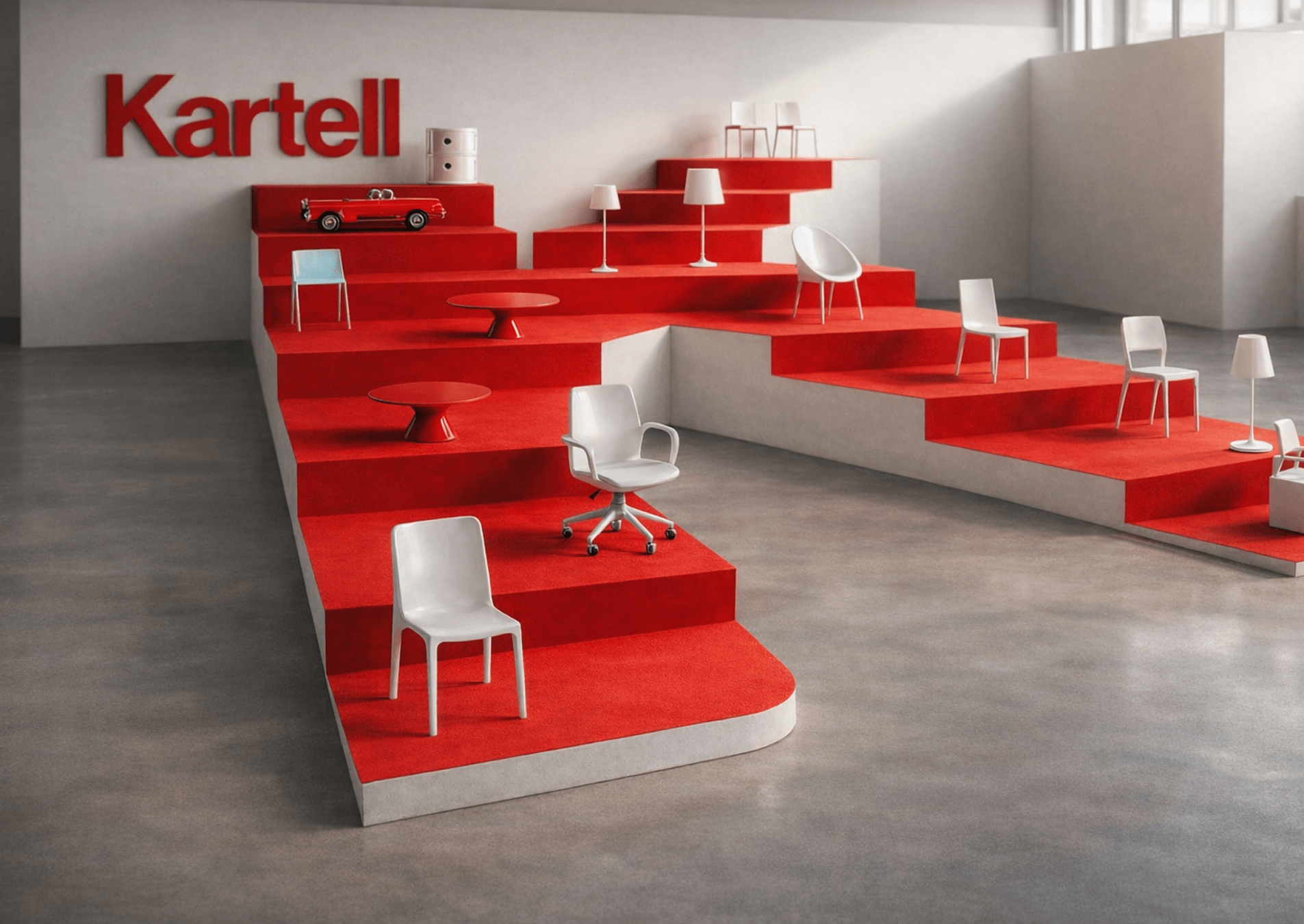 Showroom virtual de Kartell con sillas sobre plataformas escalonadas rojas.