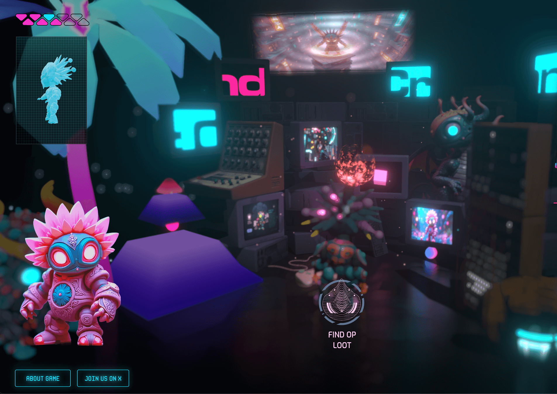 Criatura de colores de Glitch Candies en un entorno interactivo iluminado con neón.
