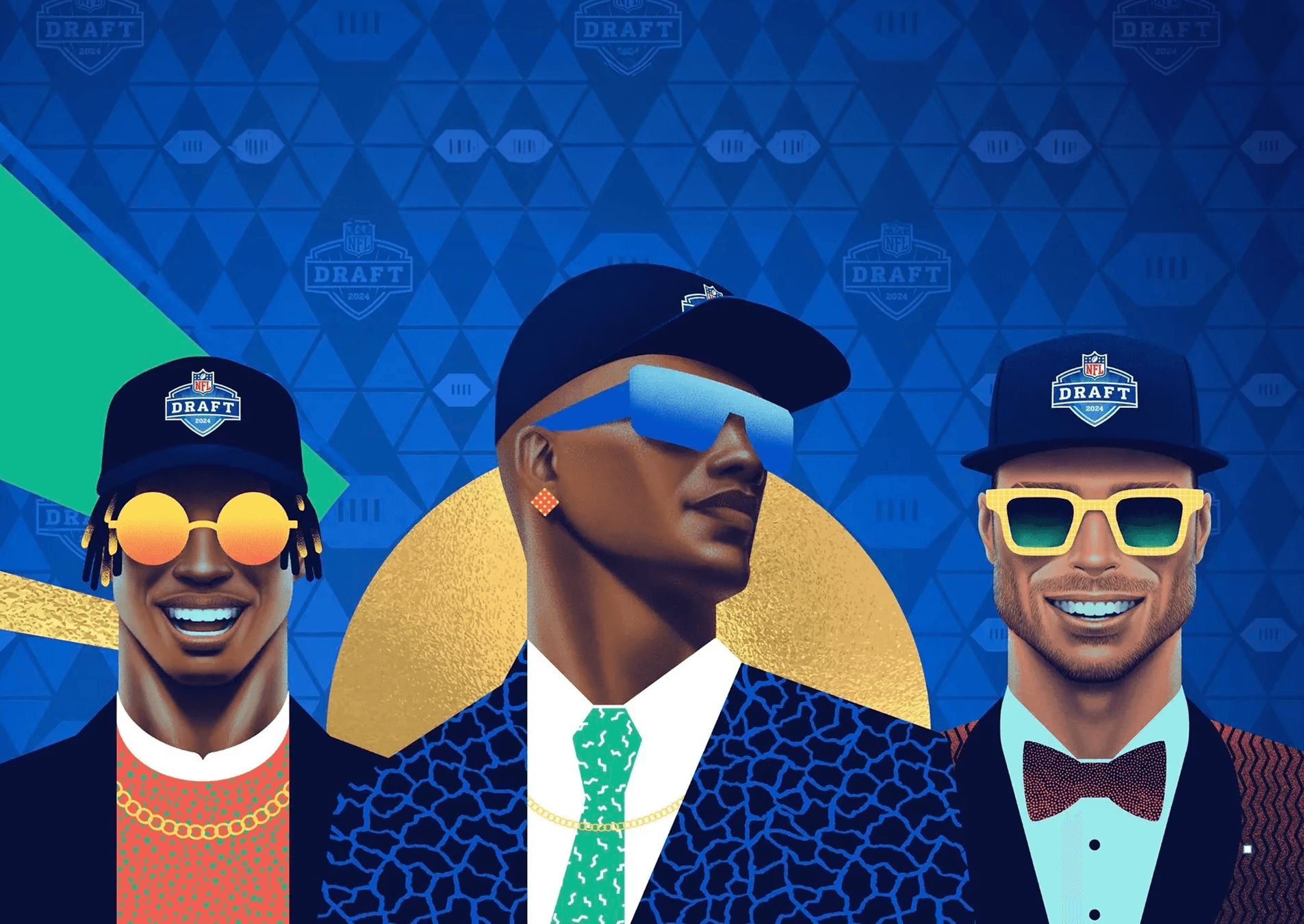 Tres personajes ilustrados del NFL Draft sobre un fondo azul estampado.