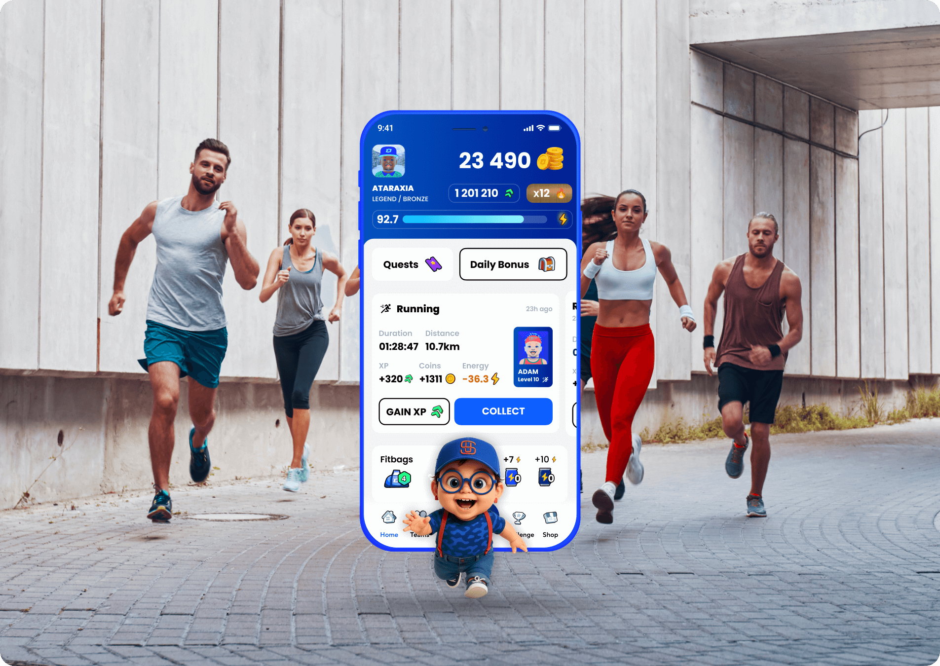 DEFIT mobile interface with a Babyfit character in front of a group of runners