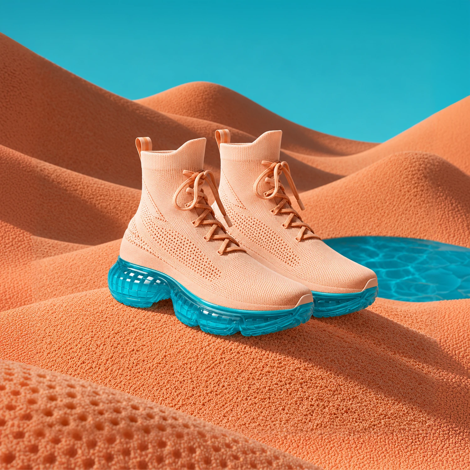 Peach Desair high-top shoes with turquoise soles on orange textile dunes.