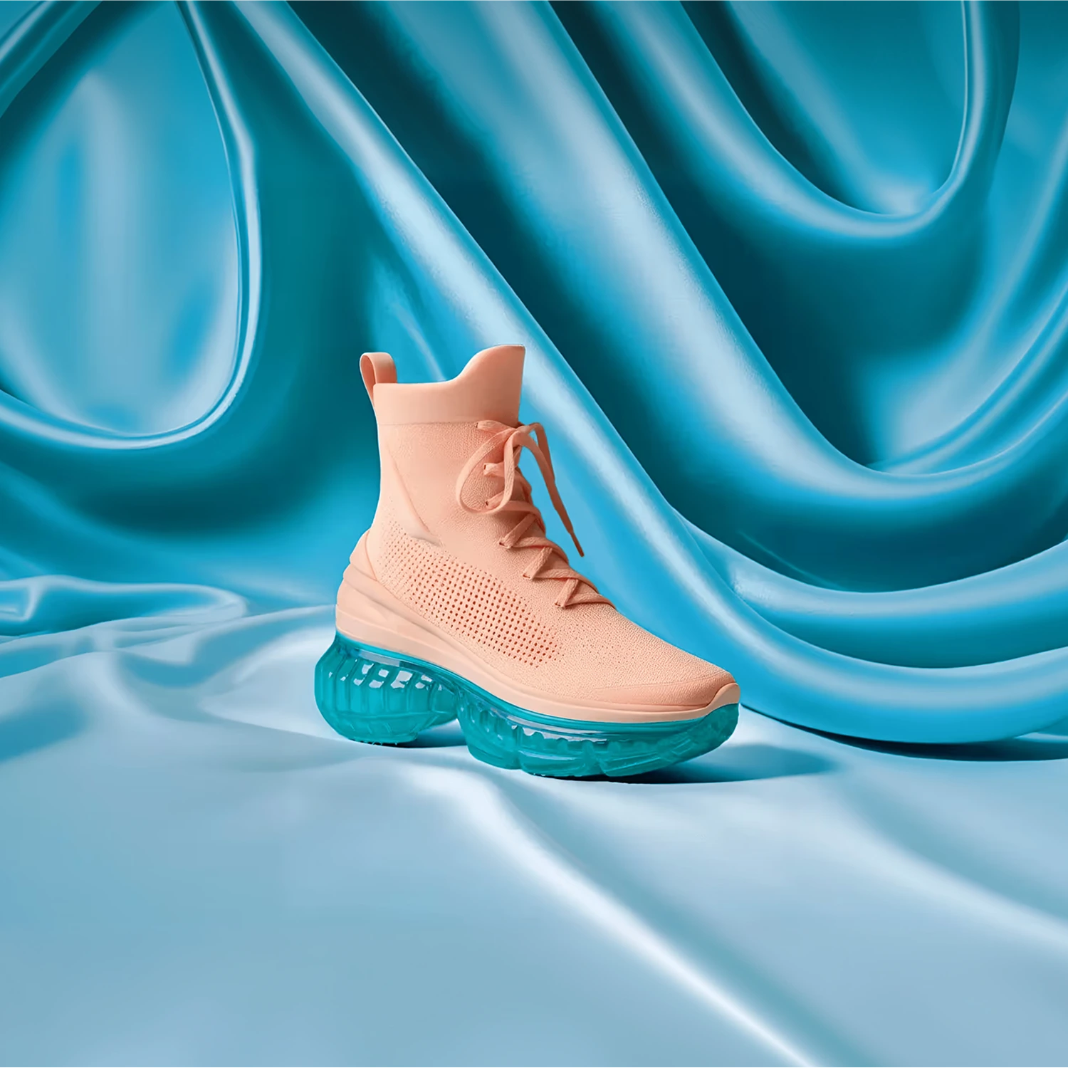 Peach Desair shoe with a turquoise sole on draped silky blue fabric.