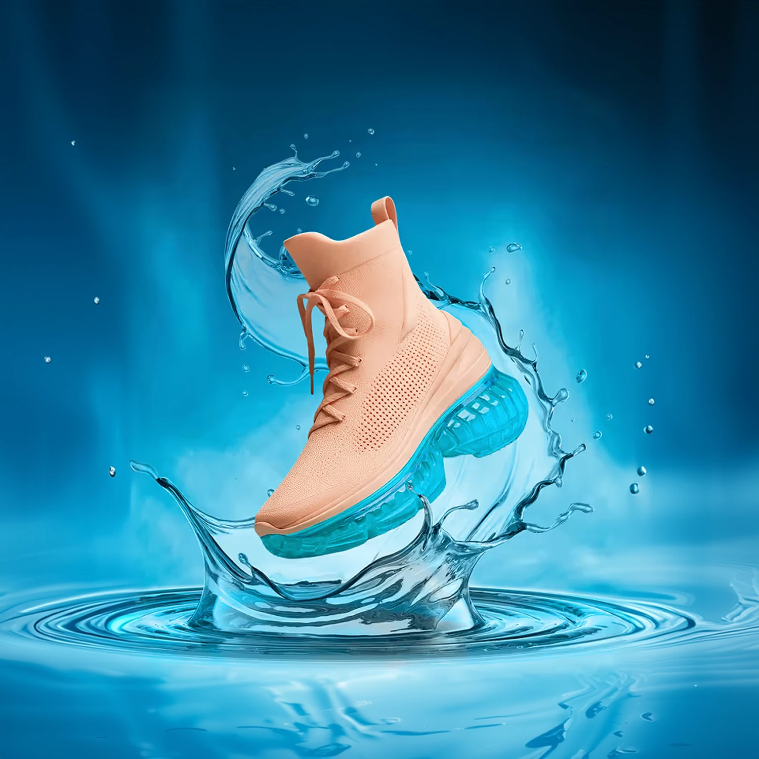 Peach Desair shoe with a turquoise sole, surrounded by a splash of water against a blue background.