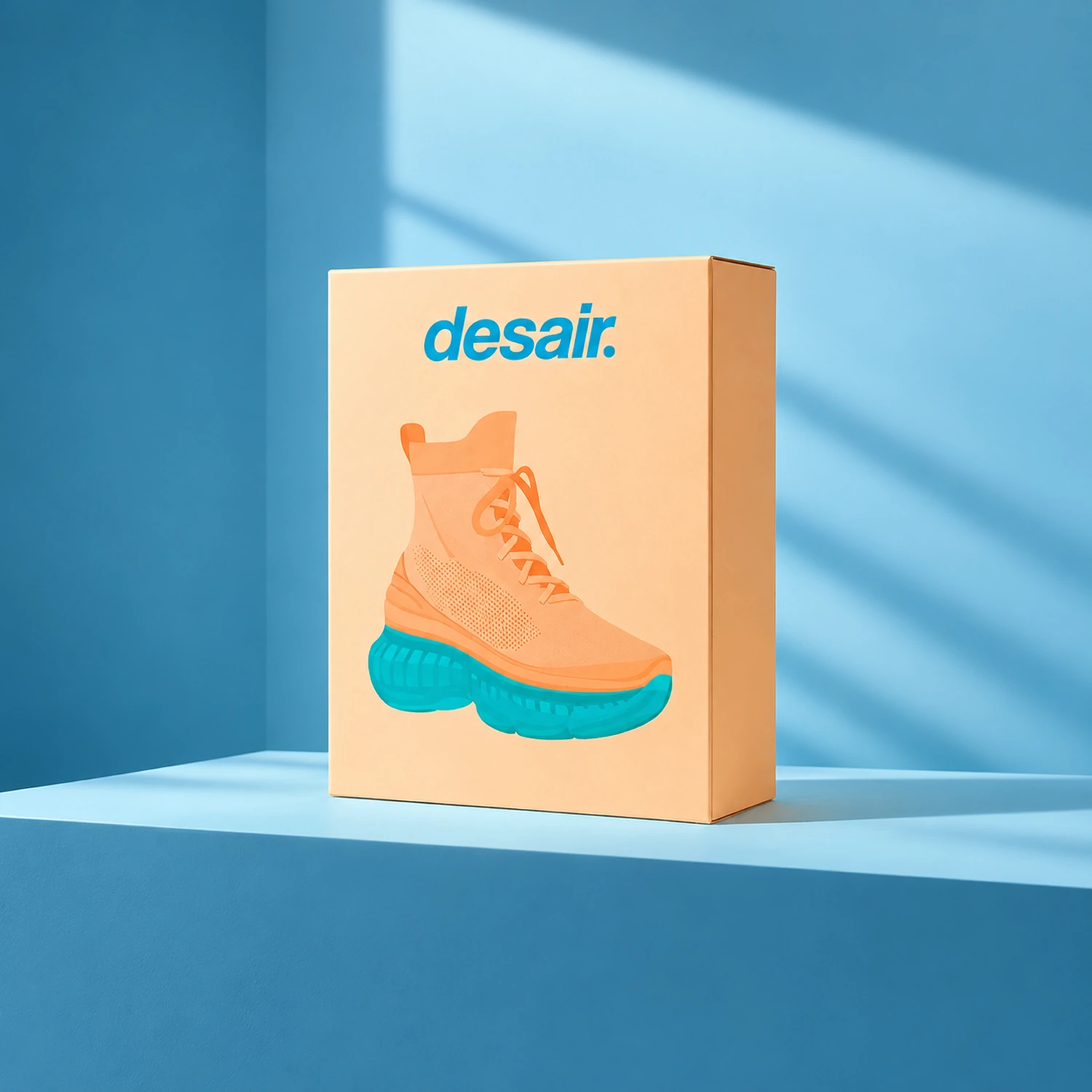 Peach Desair shoebox illustrated with a shoe, on a blue plinth.